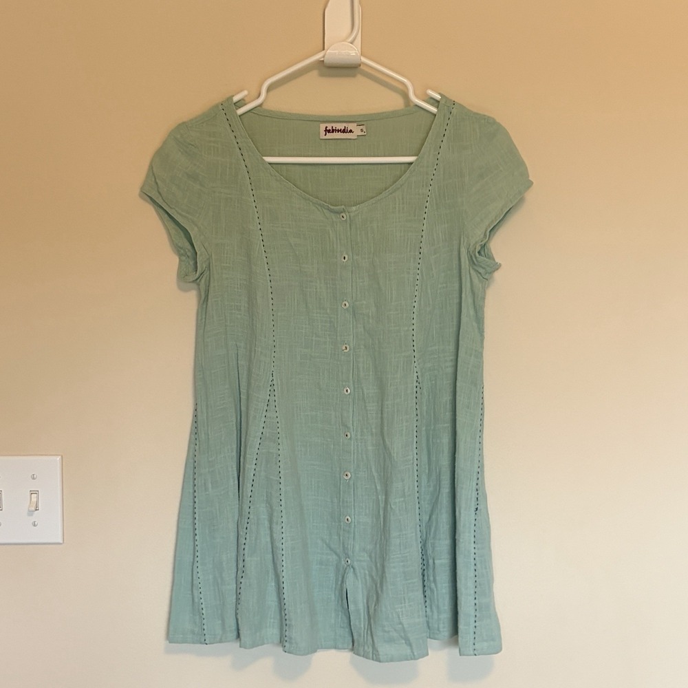 Fabindia Light Green 100% Cotton Button Front Shirt Top Blouse Womens Small